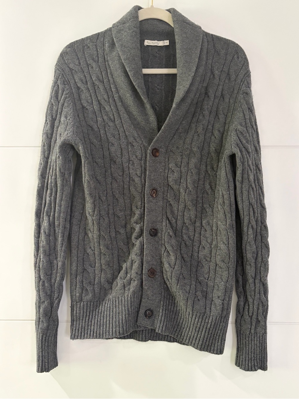 Suitsupply Cashmere Cable Knit Cardigan, Men’s Grey M, 5 Button, Shawl Collar